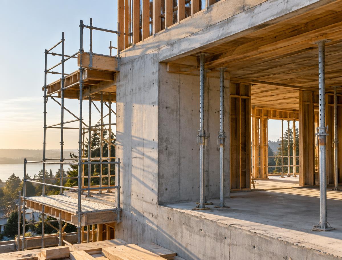 Rohbau eines Wohngebäudes mit Beton, Holzschalung und Gerüst im Morgenlicht